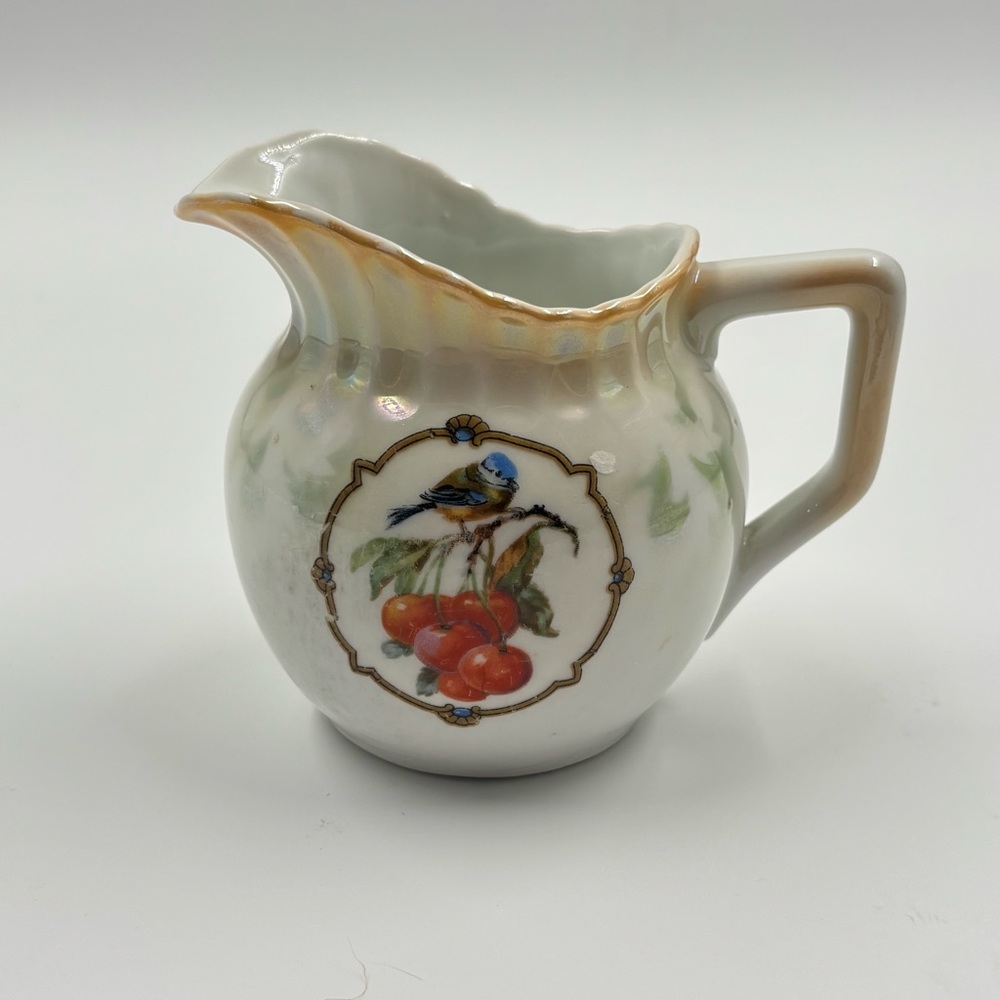Vintage Porcelain Creamer Pitcher - Gold Trim - Bird & Cherry Motif